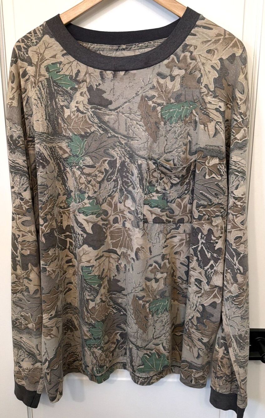 Vtg Sun Fade Advantage Camo Long Sleeve Pocket TShirt XL Hunting Woodland Grunge